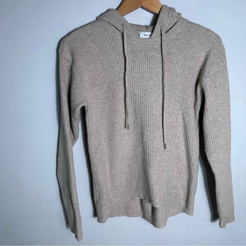 Women's Ribbed Knit Hooded Sweater in Beige